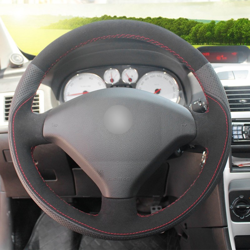 Loncky Auto Custom Fit OEM Black Genuine Leather Black Suede Steering